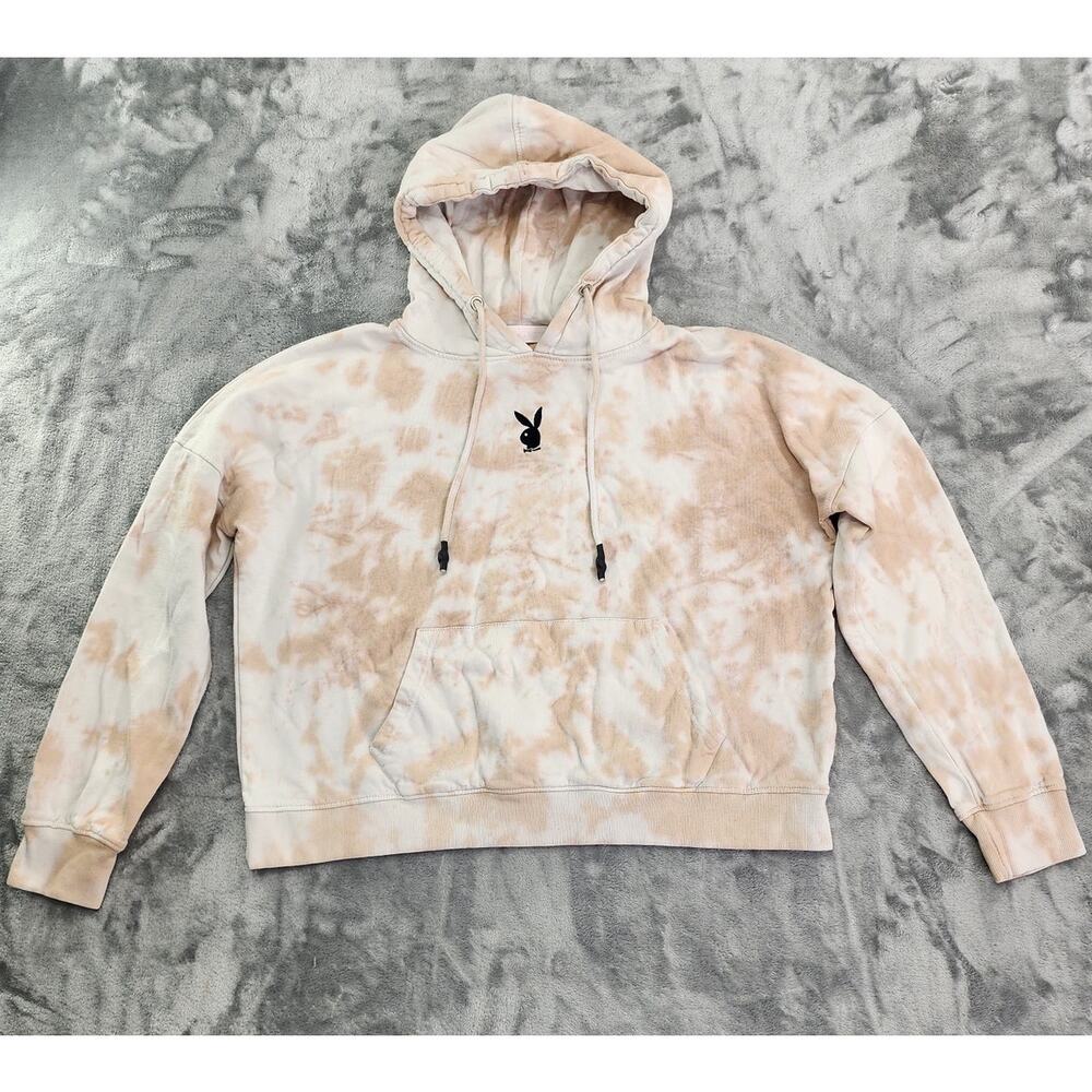 Playboy X‎ Missguided Hoodie Womens 10 L Tan Tie Dye Bunny Logo Pullover Casual